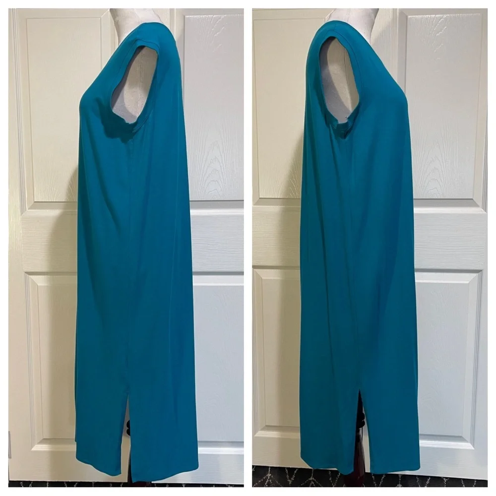 NWT! EILEEN FISHER Jewel Blue Stretch Viscose Jersey Cap Sleeve Shift Midi Dress